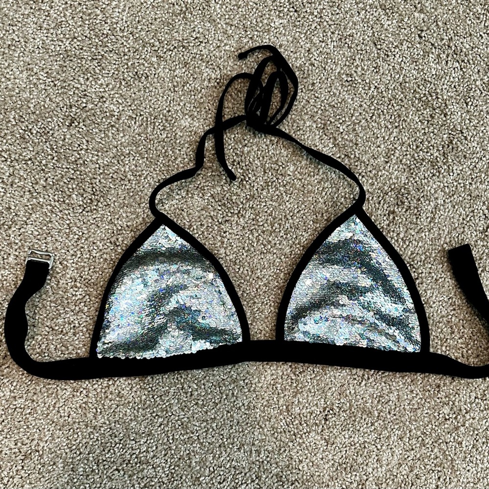 Swim Sequin Bikini Top - Black and Silver